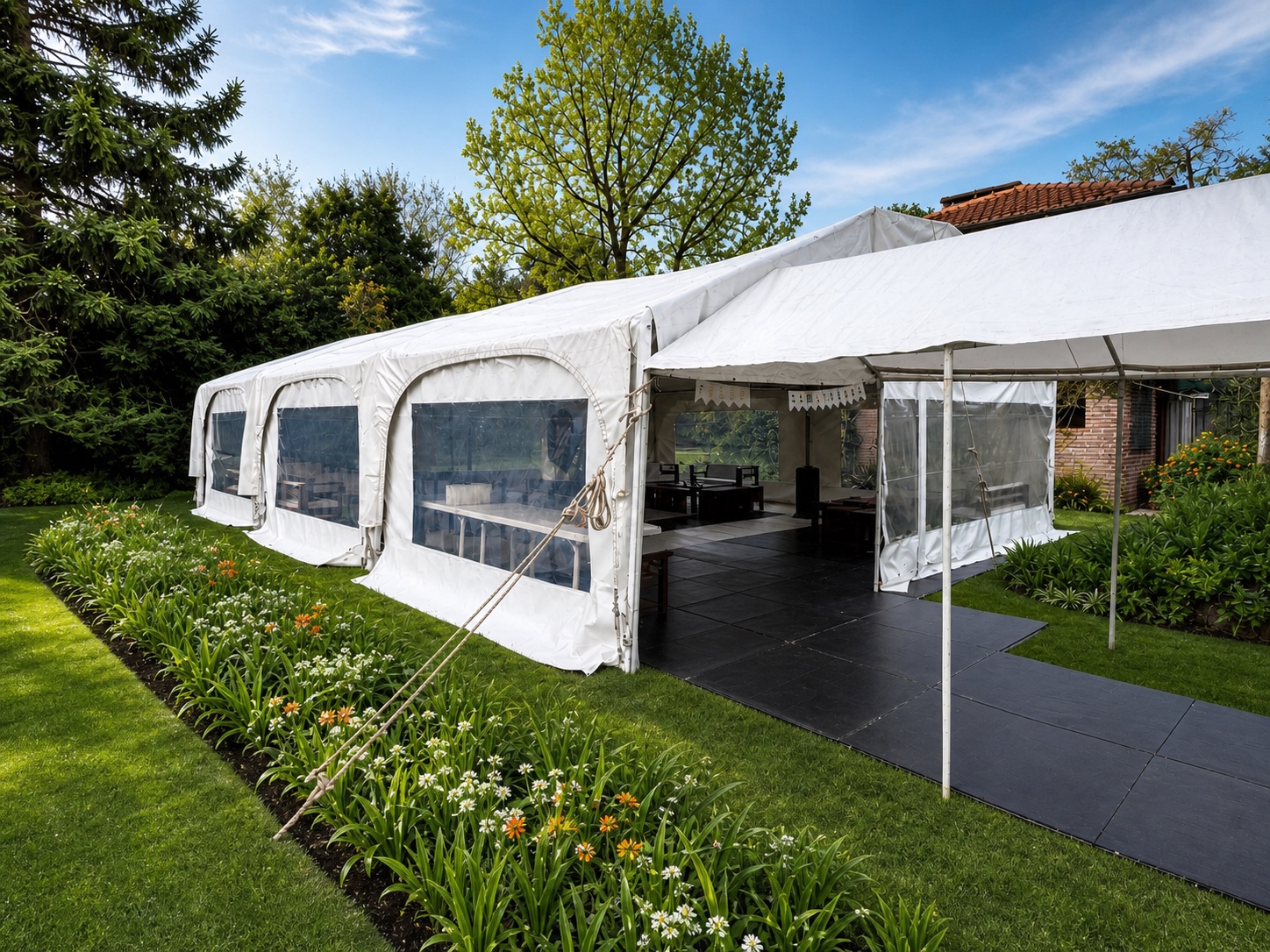 Exterior de carpa real con acceso y piso negro
